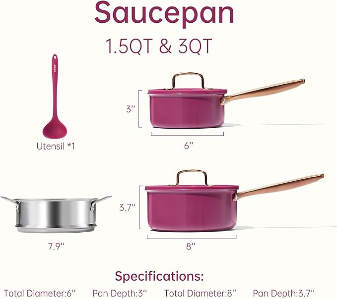 CAROTE 1.5Qt & 3.0Qt Stainless Steel Saucepan Set with Steamer & Ladle, Non-Toxic 3-Ply Stainless Steel Pot with Lids, Small Pots for Cooking, Oven Safe, Induction Compatible Cookware, Purple