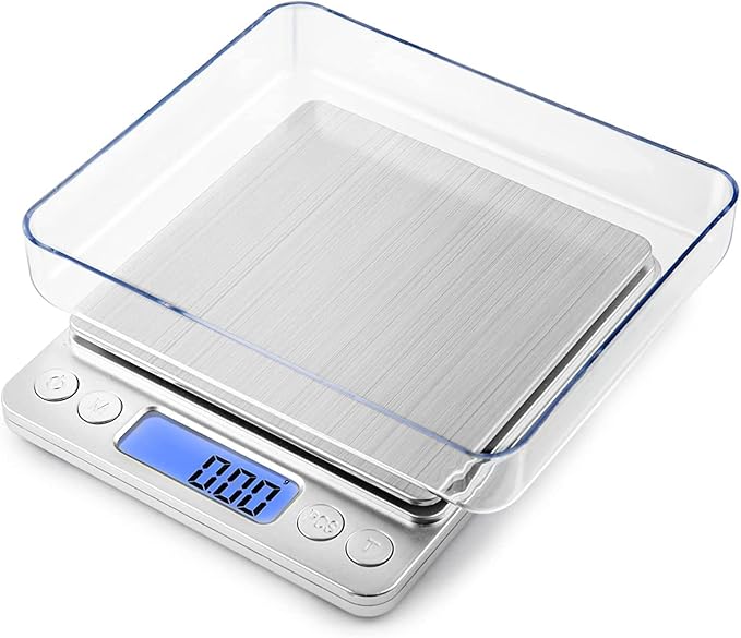 Kitchen Scale, LZPGITGD Digital Food Scale Weight Grams and OZ for Cooking Baking, Coffee, Loss Dieting, Jewelry and Meal Prep, 2 Trays, LCD, Auto Off, Tare Function, Stainless Steel(500g/0.01g)