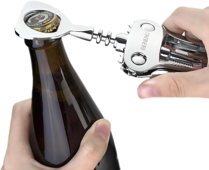 Beneno Wine Opener with Stainless Steel Wine Foil Cutter - Bottle Top Seal Cutter, Zinc Alloy Premium Wing Corkscrew with Multifunctional Bottles Opener, Ash silver