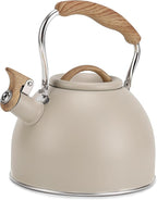 Tea Kettle, Vegoran 100 OZ / 3 Liter Whistling Tea Kettle, Tea Pots for Stove Top Food Grade Stainless Steel with Wood Pattern Folding Handle, Loud Whistle Kettle for Tea, Coffee, Milk (Milk White)