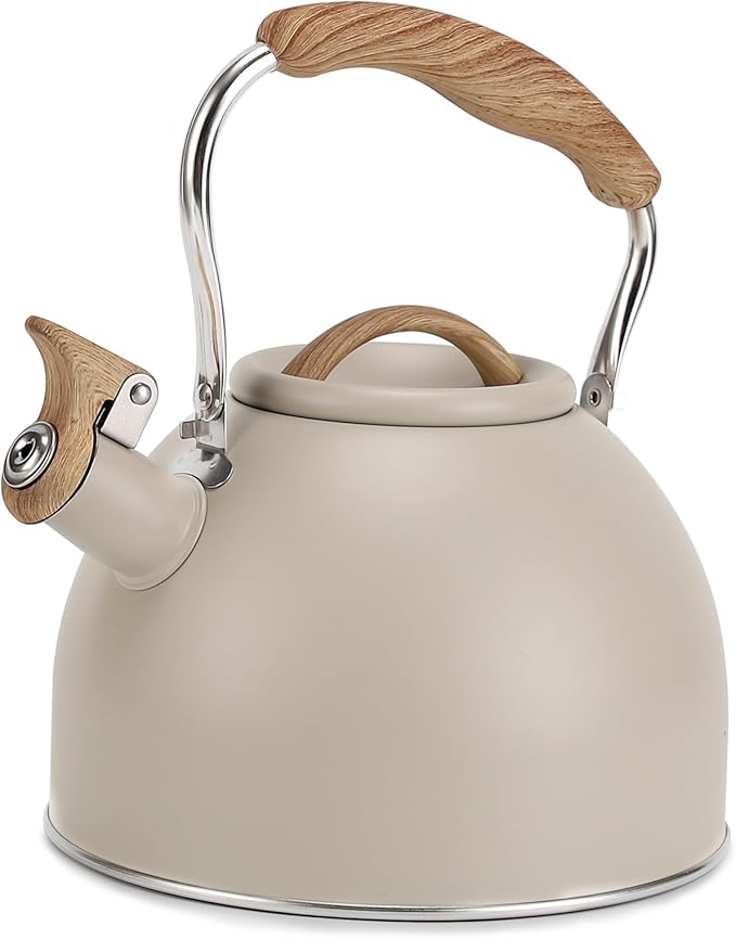 Tea Kettle, Vegoran 100 OZ / 3 Liter Whistling Tea Kettle, Tea Pots for Stove Top Food Grade Stainless Steel with Wood Pattern Folding Handle, Loud Whistle Kettle for Tea, Coffee, Milk (Milk White)