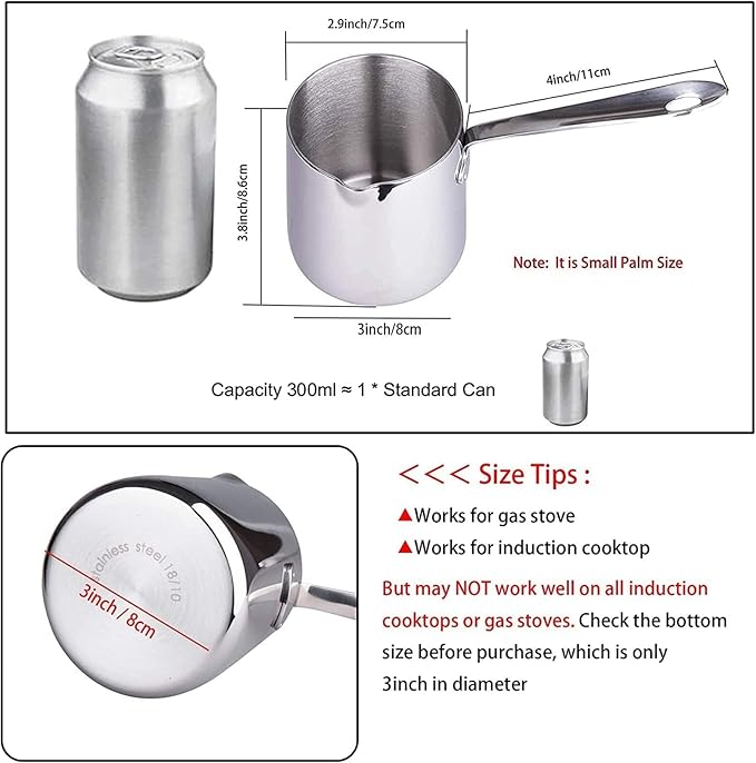 IMEEA Butter Warmer Turkish Coffee Pot Milk Warmer Pot Mini Saucepan with Spout 18/10 Tri-Ply Stainless Steel (10oz/300ml)
