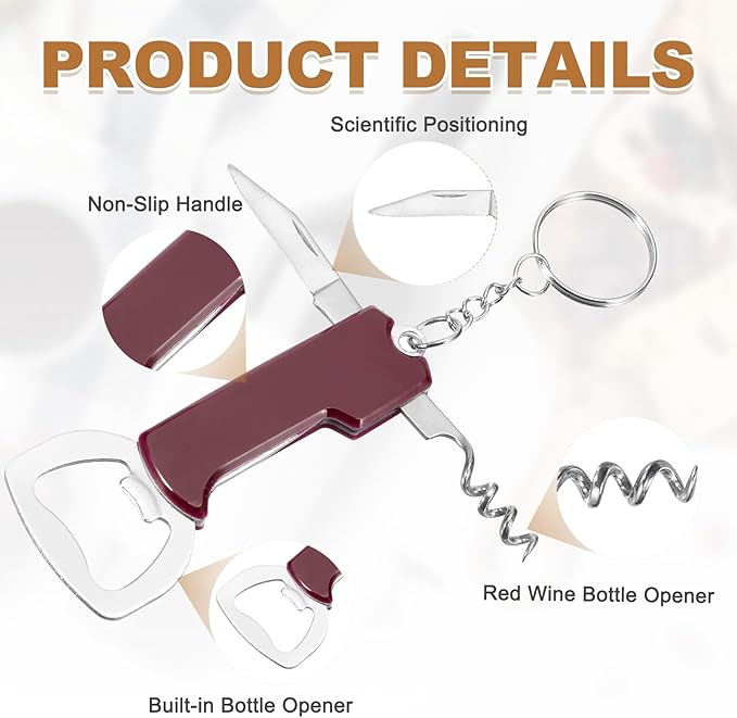 uxcell 4 Pcs Wine Opener, Bottle Opener Keychain, Durable Stainless Steel Waiter's Corkscrew, Compact All-In-One Home Bar Tool for Bar, Party, Wedding, Home, Travel, Dark Red