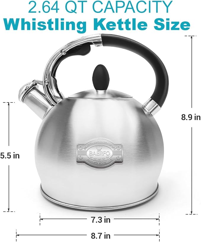 Tea Kettle, 2.64 Qt Tea Pot Stovetop, Premium 304 Food-Grade Tea Kettle Stovetop, Resounding Sound, Vintage Aesthetics, with Pot Holder (Brushed)