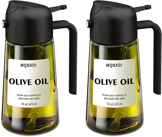 mqnxoi 2 in 1 Glass Oil Sprayer & Dispenser,16oz/470ml Olive Cooking, Air Fryer, and Salad, for Kitchen Gadgets and Air Fryer Accessories, w/Stickers (Black + Dark Green Bottle 2)
