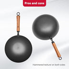 WANGYUANJI 11-Inch Round-Bottom Carbon Steel Wok with Glass Lid, Removable Wooden Handle, Traditional Pow Pan for Gas Flame/Wok Ring Only (Not for Flat-Top or Induction)