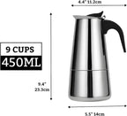 Stainless Steel Moka Pot, Gas/Electric Stovetop Espresso Maker, Percolator Coffee Pot Italian Percolator Cuban Café Brewing, Greca Coffee Maker (9CUP 450ml)