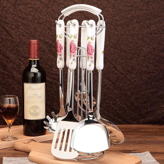 Ceramic Handles Cooking Tool Set Stainless Steel Kitchen Utensils Of Cookers Shovels Spoons(D)