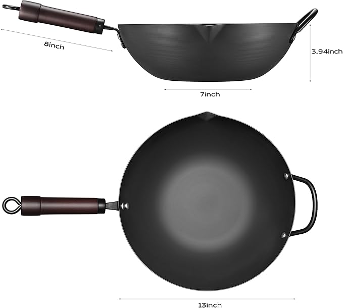 FGJ Wok, 13 Inch Carbon Steel Wok Pan Set 6PCS & Stir-fry Pans Nonstick, Pre-Seasoned 5.8QT Flat Bottom Chinese Woks Paella Pan Set, Carbon Steel Cookware, Compatible with All Cooktops