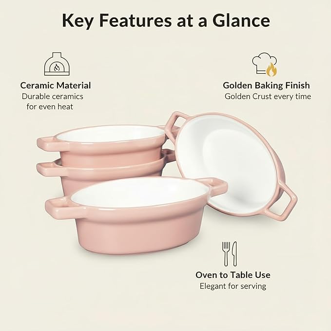 Oval Au Gratin Baking Dishes 6" x 5" for Oven Safe Cooking and Baking, Set of 4, 15 OZ Heat Resistant Ceramic Individual Gratin with Handles for Serving, Small Mini Casserole Dish, Pink