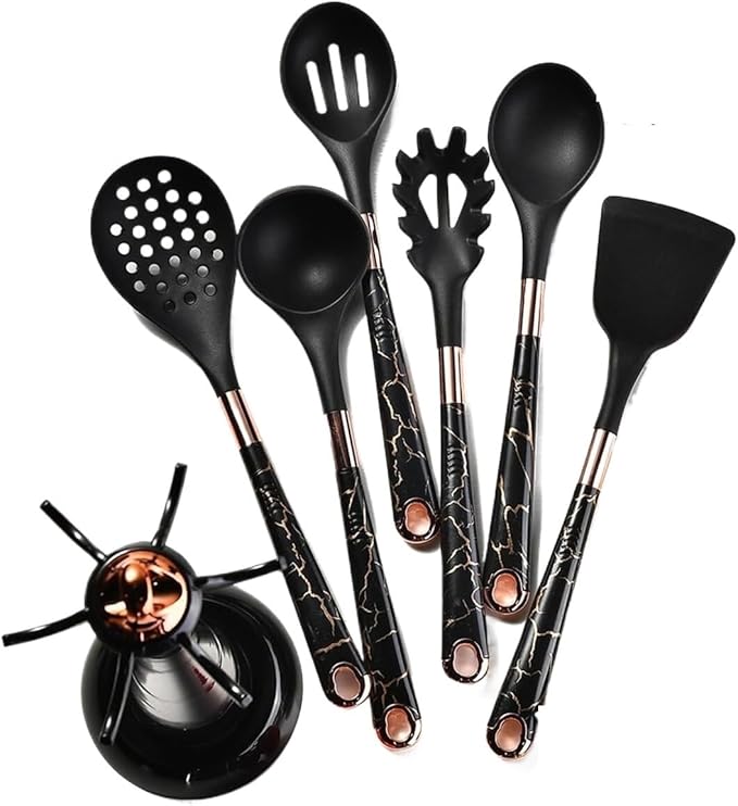 Kitchen Utensils Set,Cooking Utensils Set,Kitchen Utensils Set with Stand, 7pcs Silicone Cooking Utensils, Nonstick Pasta Spoons Skimmer Spatula Baking Kitchen Tools Gadgets(Black)