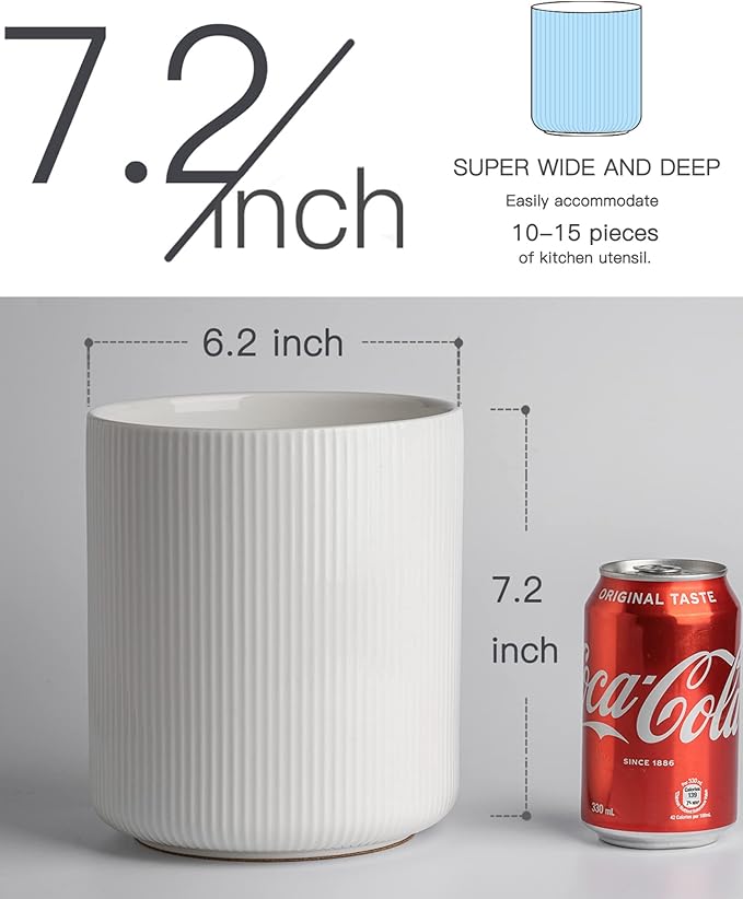 getstar Extra Large Kitchen Utensil Holder for Kitchen Counter (H7.2” x W6.2”), Ceramic Cooking Utensil Holder with Cork Mat (White, Large(7.2"))