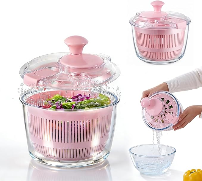 Good Grips 3.2 Qt Glass Salad Spinner Small Vegetable Dryer with Drain Microwave Safe Dishwasher Safe with Transparent Lid Crank Handle Quick Spin Greens Washer for Lettuce Herbs Fruits Pink