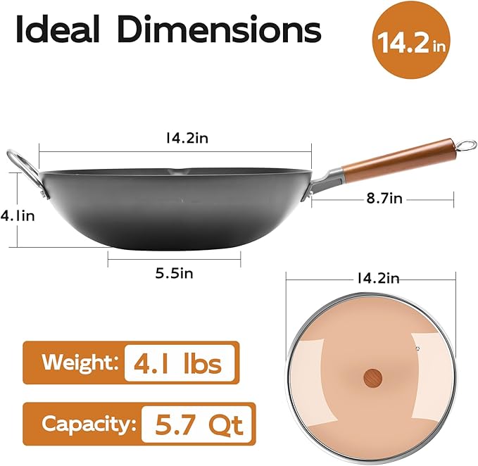 WANGYUANJI 14.2" Flat-Bottom Iron Wok with Glass Lid, Uncoated Stir-Fry Pan, Rapid-Heating Refined Iron, Induction/Gas/Electric Compatible, Wooden Handle (Seasoning Required)