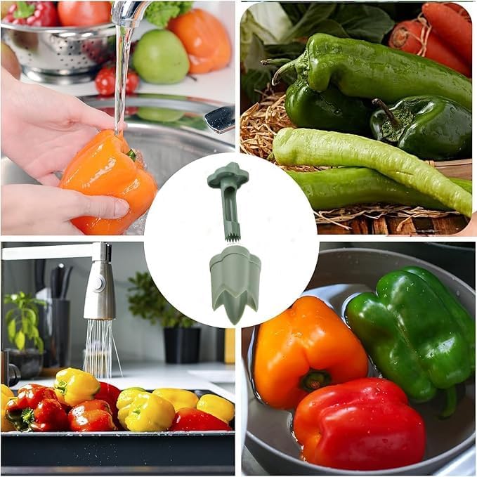 Pepper Seed Corer Remover Tool,2 in1 Efficient Bell Pepper Corer,Jalapeno Pepper Cutter Deseeder,Quick Cutting& Deseeding Pepper Seed Remover Tool, Kitchen Gadget Tool for Fruit Vegetables (Green)