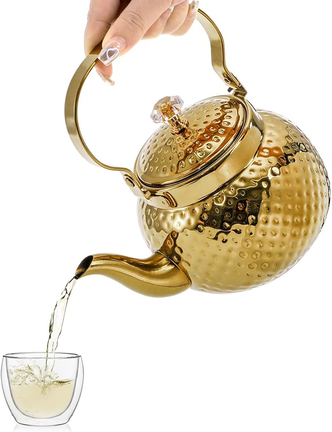 Coloch Teapot with Removable Infuser, 40 Oz(1200ml) Stainless Steel Tea Kettle Antique Style Coffee Pot Stovetop Teapot for Loose Leaf Tea, Tea Bag, Golden