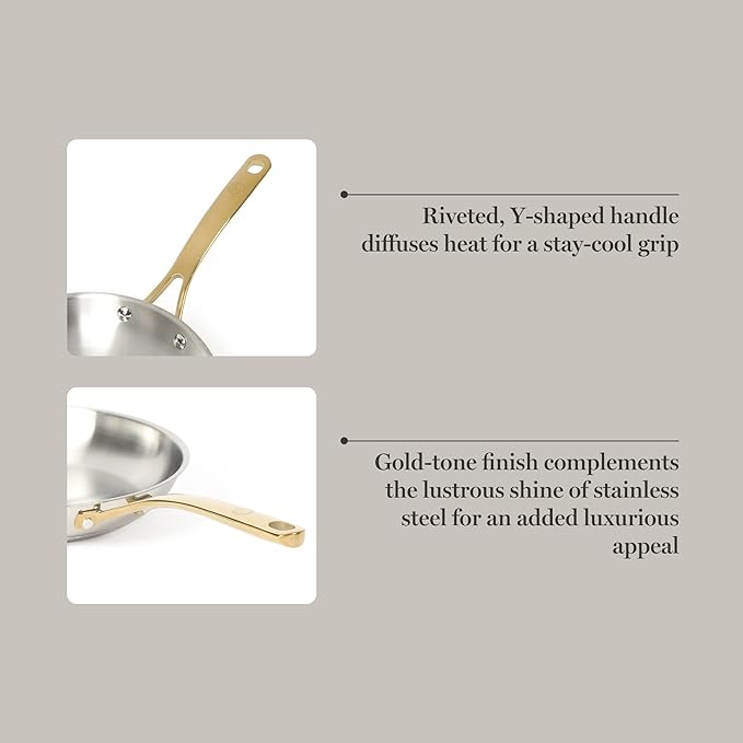 Martha Stewart Castelle 12-Inch Stainless Steel Frying Pan with Gold-Tone Handle – Tri-Ply Encapsulated Bottom, Oven Safe & Induction Safe Skillet for Searing and Sautéing