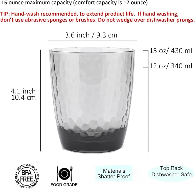 KOXIN-KARLU Hammered 15-ounce and 26-ounce Plastic Tumbler Acrylic Glasses, set of 8 Smoky Grey