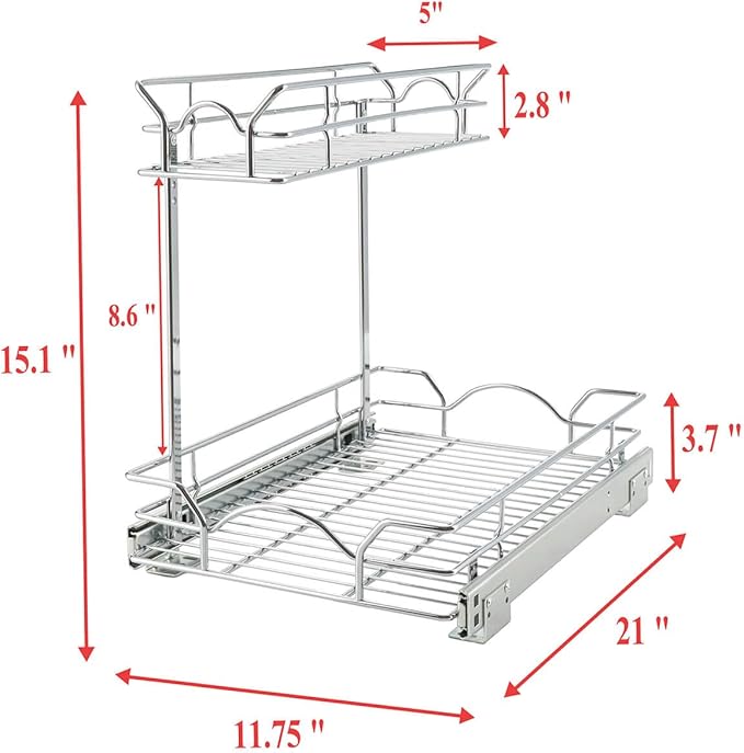 OCG Under Sink Cabinet Organizer Two Tier Pull Out Shelf (11.75W x21D), Under Sink Sliding Shelf for Kitchen Bathroom Cabinet 2 Tier Chrome