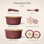 CAROTE 2.0Qt & 3.0Qt Titanium Nonstick Reinforced Sauce Pan Sets with Lid, Non-Stick Saucepans Cookware Set with Pour Spout with Detachable Handle, PFOS, PFOA Free, Induction Comptable, Burgundy