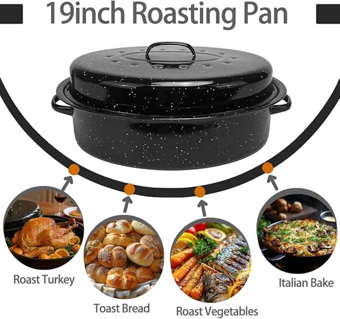 19” Turkey Roasting Pan Enamel Oval Granite Large Roaster Pan with Lid with 17in Inner Diameter Large Capacity Suitable for Thanksgiving Enamel Cook Ware Dishwasher Compatibility Oven Christmas Gift