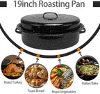 19” Turkey Roasting Pan Enamel Oval Granite Large Roaster Pan with Lid with 17in Inner Diameter Large Capacity Suitable for Thanksgiving Enamel Cook Ware Dishwasher Compatibility Oven Christmas Gift