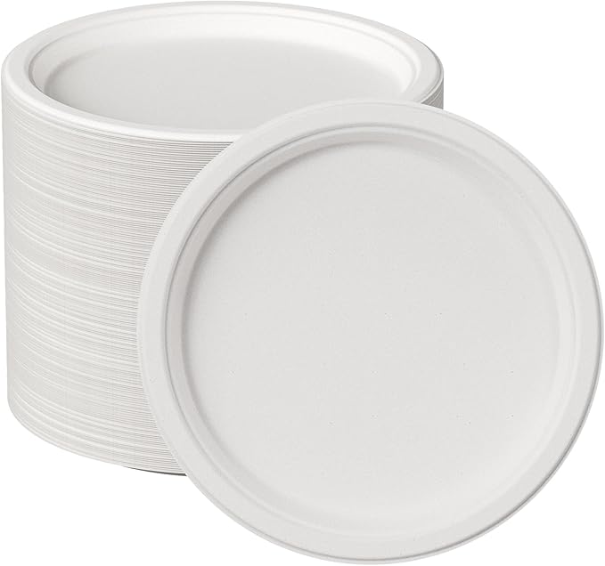 JOLLY CHEF 100% Compostable Paper Plates, 150 Pack 10 Inch Heavy Duty Plates, Disposable Biodegradable Eco-Friendly Sugarcane, Bulk White