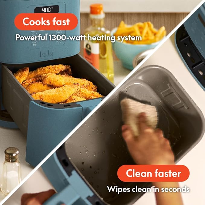 bella 4Qt Slim Air Fryer, Fits-anywhere Kitchenware, EverGood Ceramic Nonstick Coating, Adjustable Temperature, 6 Preset Cooking Options, 60 Min Auto Shutoff w Audible Tone, 3.3lb Capacity, Surf