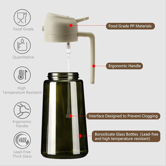 SWEET VIEW 2PCS Olive Oil Dispenser and Oil Sprayer – 16oz/470ml Glass Light-Proof Oil Pourer for Kitchen Air Fryer, Cooking, Salad, and BBQ, with Stickers