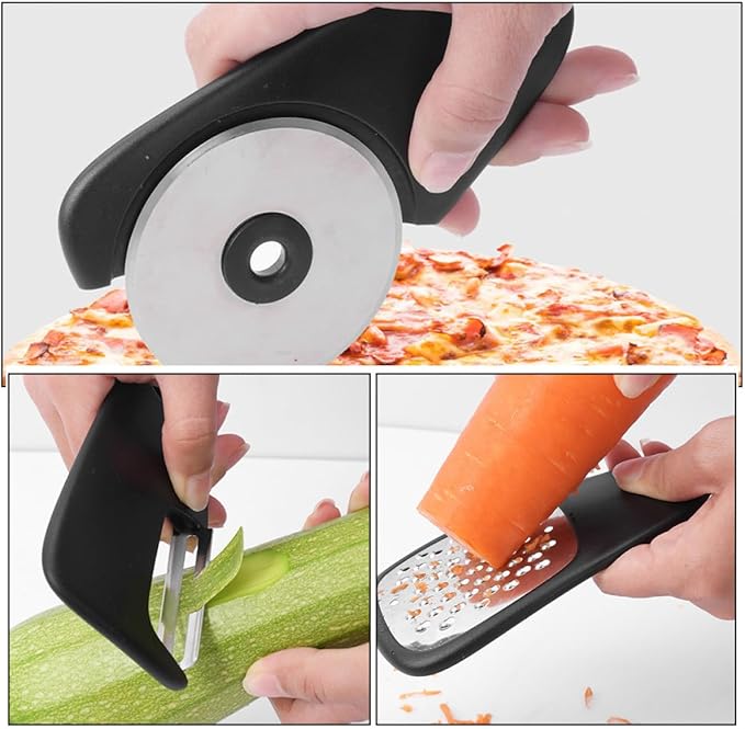 Multi-functional Kitchen Gadget Set with Vegetable Peeler, Pizza Wheel, Bottle Opener, Garlic Grinder, and Fruit Peeler – Versatile Kitchen Tools for Cooking and Food Preparation