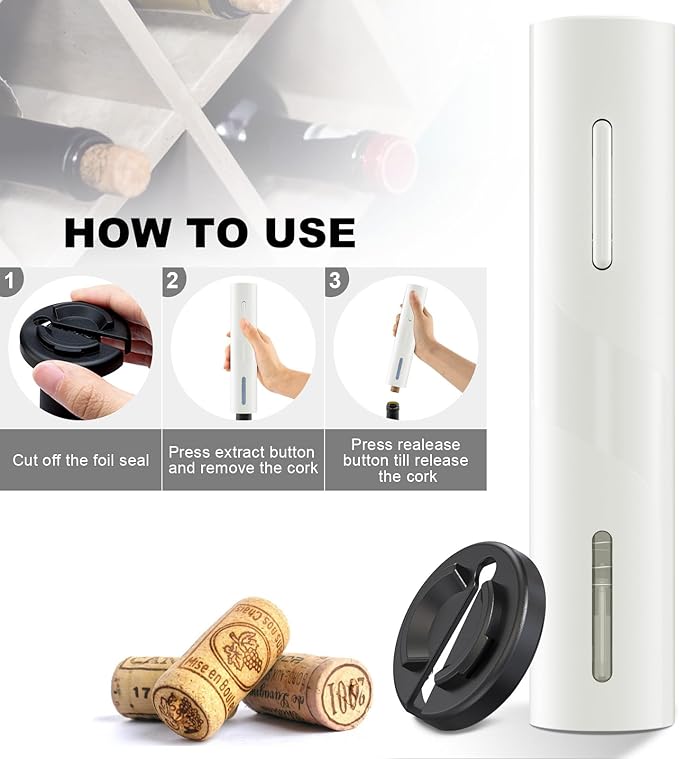 COKUNST Electric Wine Opener, Cordless Automatic Corkscrew with Foil Cutter, Battery Operated Wine Bottle Opener for Home, Gift, Party, White