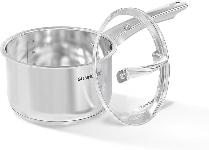SUNHOUSE – 2 Quarts Stainless Steel Sauce Pan with Lid - PFOA-Free, Stainless Steel Sauce Pan, Advanced Impact Bonding Induction Base, Stay-Cool Handle, Compatible with All Cooktops