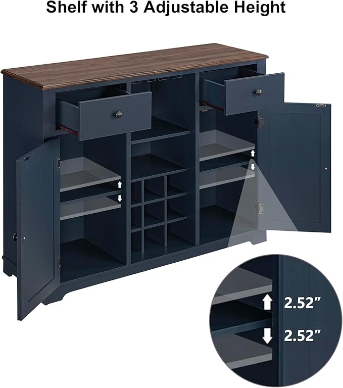 Rustic Wine Cabinet with Wine Rack and Lattice, Sideboard Buffet Cabinet with Drawers, Multifunctional Storage Cabinet for Kitchen, Dining Room, 47 Inch (Navy)
