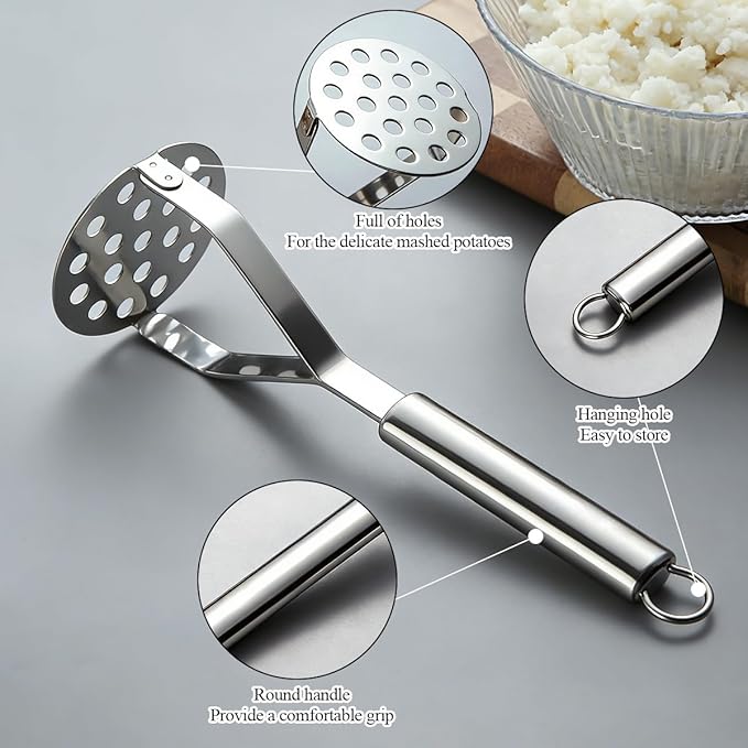 Homquen Stainless Steel Potato Masher, Sturdy Mashed Potato Masher, Potato Ricer, Masher Kitchen Tools for Vegetables&Fruit, Dishwasher Safe (9.84inch)