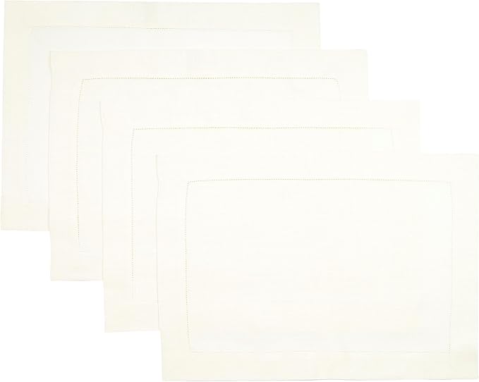 D'Moksha Homes Linen Placemats Set of 4 - Classic Hemstitch Ivory Placemats 14 x 19 Inch - 100% Pure Linen Table Mats for Valentines, Holiday, New Year - Handcrafted and Machine Washable