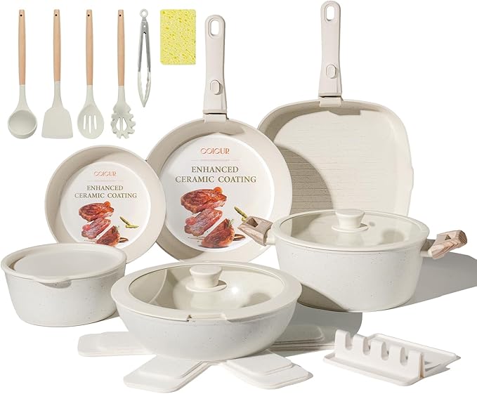 23Pcs Ceramic Cookware Set Non Stick Pots and Pans Set Non Toxic with Detachable Handle Induction Kitchen Cookware Set Space Saving, Oven & Dishwasher Safe, Cream White