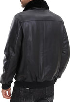 Leather Jacket Men,Lambskin Bomber Jacket with Removable Real Fur Collar,Front Zip Closure, Multiple Pockets
