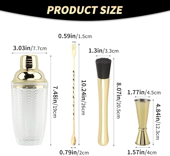 Glass Cocktail Shaker Set, Glass Bartender Kit with Measuring Jigger, Mixing Spoon, and Muddle, Premium Bar Tool Set for Crafting Martinis & Whiskey Cocktails Home Bar Accessories