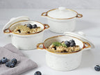 ONEMORE Ramekins with Lids, 6 oz Oven Safe Ceramic Mini Casserole Dish with Lid & Brown Rim for French Onion Soup, Speckled Mini Dutch Oven Cocotte Set of 4 for Individual Serving, Creamy White