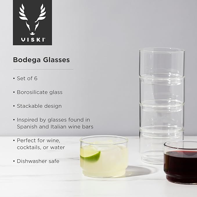 Viski Bodega Glasses - Stackable Drinking Glasses Set - Modern Glassware for Wine and Cocktails - 7oz Set of 6