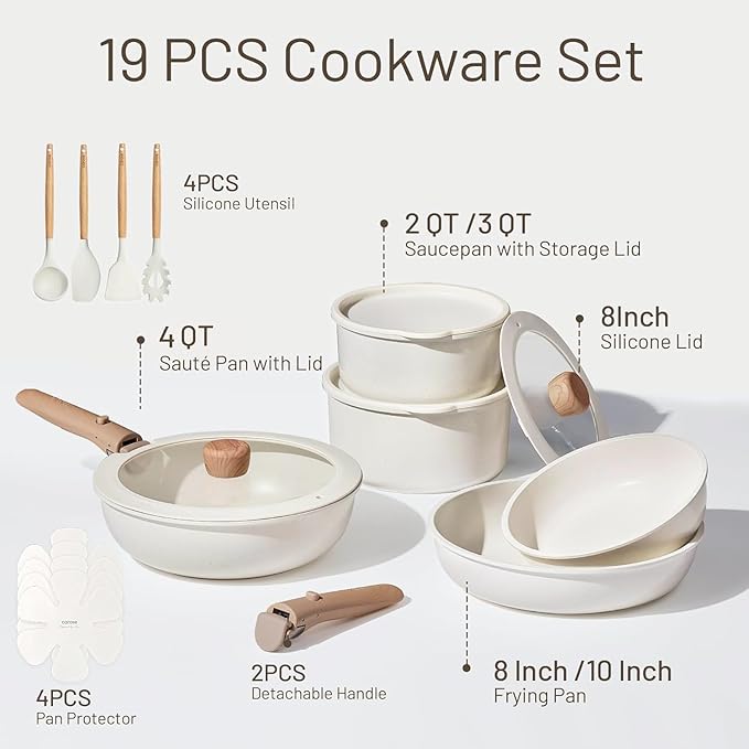 CAROTE 19pcs Pots and Pans Non Stick, Cookware Sets Detachable Handle, Induction Kitchen Pots and Pans,NonStick Cooking Set, Oven/Dishwasher/Fridge Safe, Space Saving