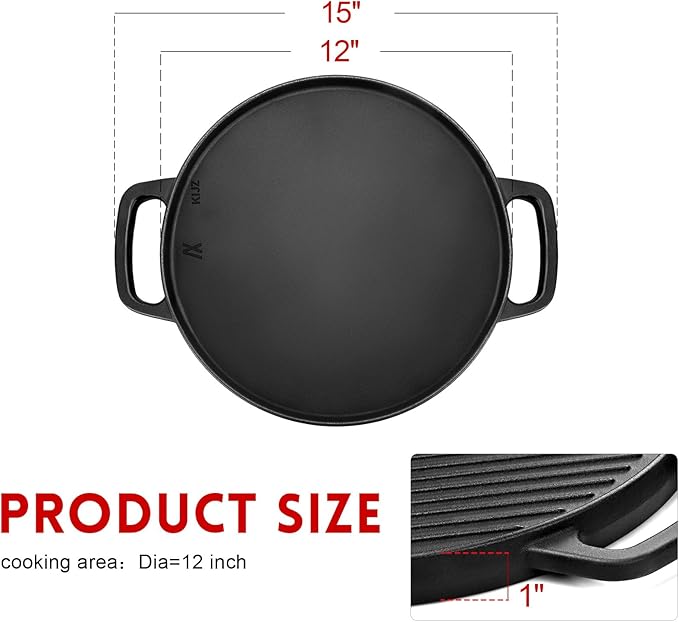 GGC Cast Iron Reversible Griddle, 12 inch Griddle Pan for Stove Tops, Gas Grills and Outdoor Cooking, Double-sided Griddle Plate with Baking Flat and Ribbed