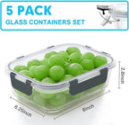 VERONES 5 Pack 36 OZ Glass Meal Prep Containers, Airtight Glass Lunch Containers Set, Glass Food Storage Containers with Lids,Exclusive of BPA, for Microwave, Oven, Freezer & Dishwasher Friendly,Grey