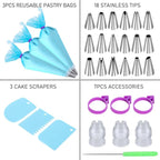 Piping Bags and Tips Set, Cakes Decorating Kit Supplies with 3 Reusable Pastry Bags, 18 Frosting Tips, 3 Couplers, 3 Bag Ties, 3 Cake Scraper, 1 Cake Decorating Tools for Cookie Icing