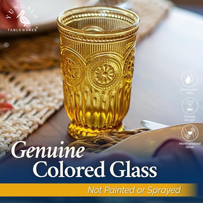 Yungala Amber Highball Glasses Set of 6 10 oz Vintage Hobnail Tall Drinking Glasses