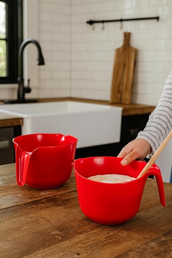 Set of 2 Red Plastic Mixing Bowls with HandleS Pour Spout and Non-Slip Base - Dishwasher Safe Cooking Baking Kitchen Supplies, 2.5 qt.
