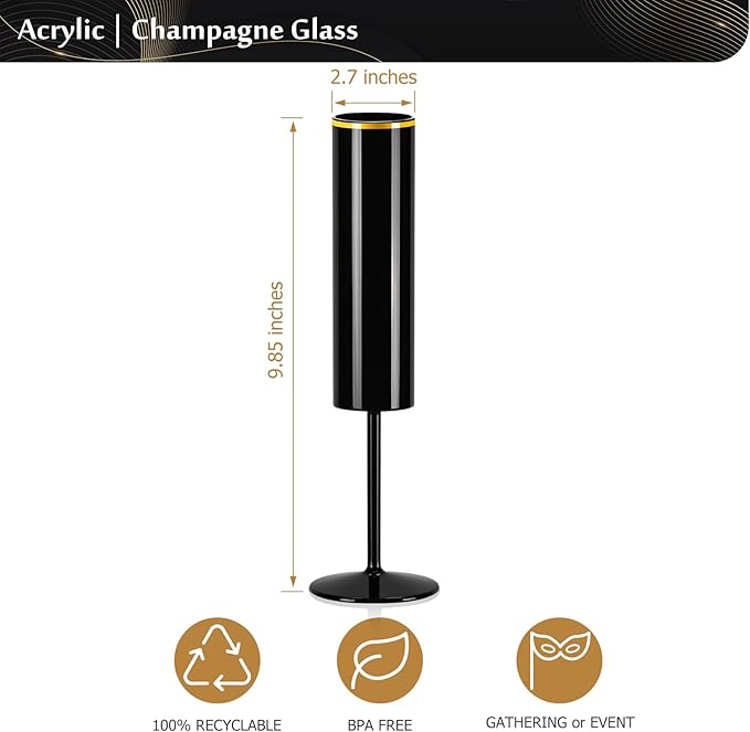 12 Pack Champagne Flute Acrylic 5.4 Oz Black Champagne Flutes Gold Rim Disposable Champagne Glasses Wedding Toasting Glasses Reusable Square Stemmed Wine Glasses for Wedding Christmas Halloween
