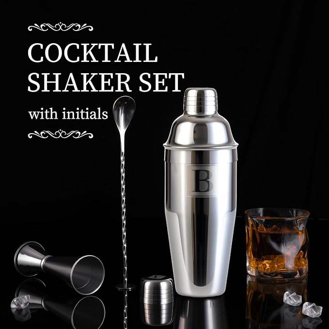 24oz Cocktail Shaker Set with 1 oz 2oz Jigger - Monogramm Initials Martini Shaker Set - 304 Stainless Steel Bar Shaker for Margarita,Mojito-Personalized Gift for Friend,Husband -C