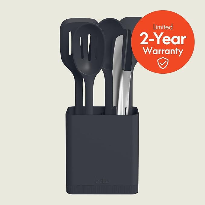 bella 6-Piece Modular Tool Set, Silicone, Turner, Spoon, Slotted Spoon, Spatula, Tongs, Crock with removable divider, Non-toxic*, Food-grade, Heat safe to 425°F, Dishwasher Safe, Oatmilk
