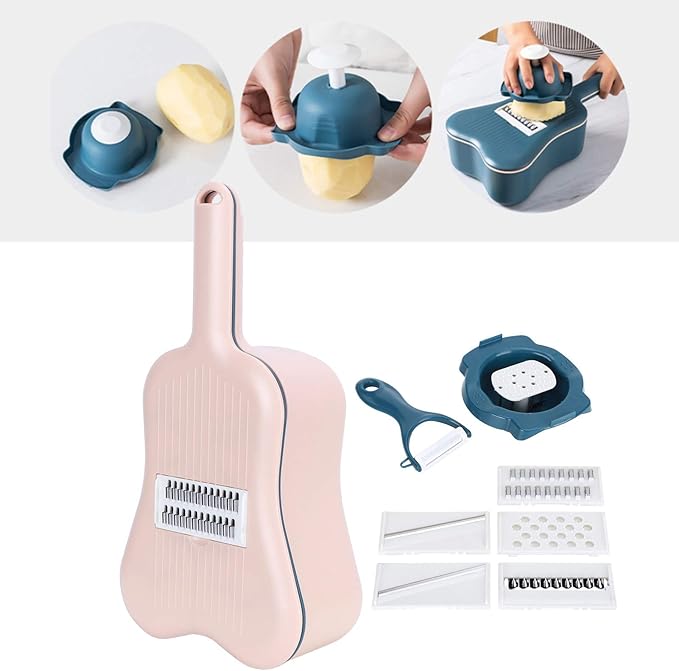 11PCS Vegetable Grater with Container, 6 Blades Violin Shaped Vegetable Slicers Set Peeler Drain Basket Cutting Board Hand Protector for Kitchen (Dusty Pink)